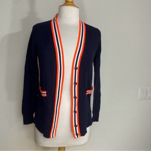 J. Crew Sweaters - J. Crew Women Navy Neon Orange Stripe Detail Button Knit Cardigan Size XS Preppy